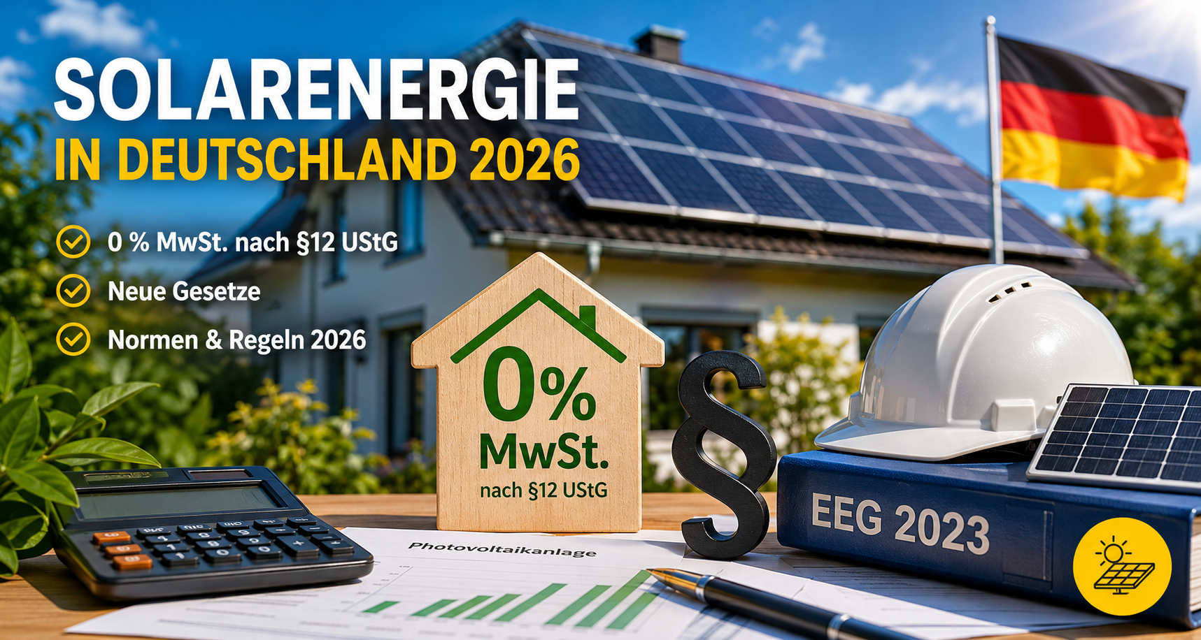 Solarenergie in Deutschland 2026: Neue Gesetze, Normen und die 0 % MwSt. nach §12 UStG